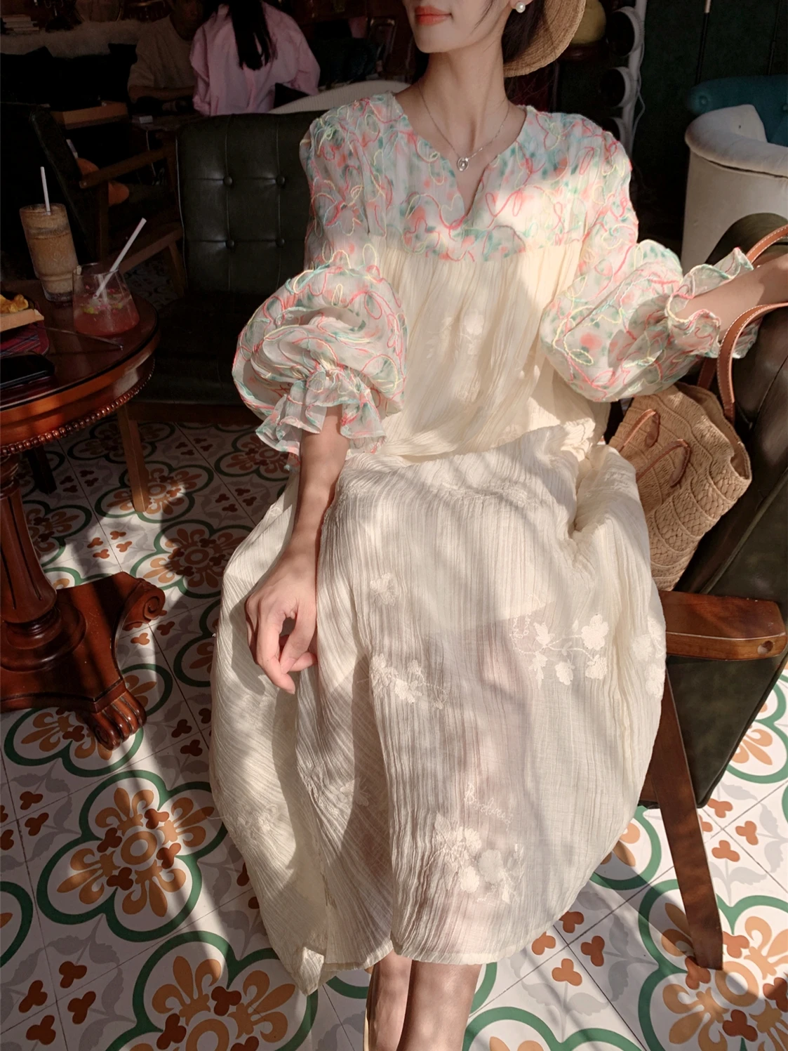 

TIYIHAILEY Spring Summer Women Embroidery Cotton Linen Dress With Lining Full Lantern Sleeve Long Mid-Calf Ladies Loose A-line