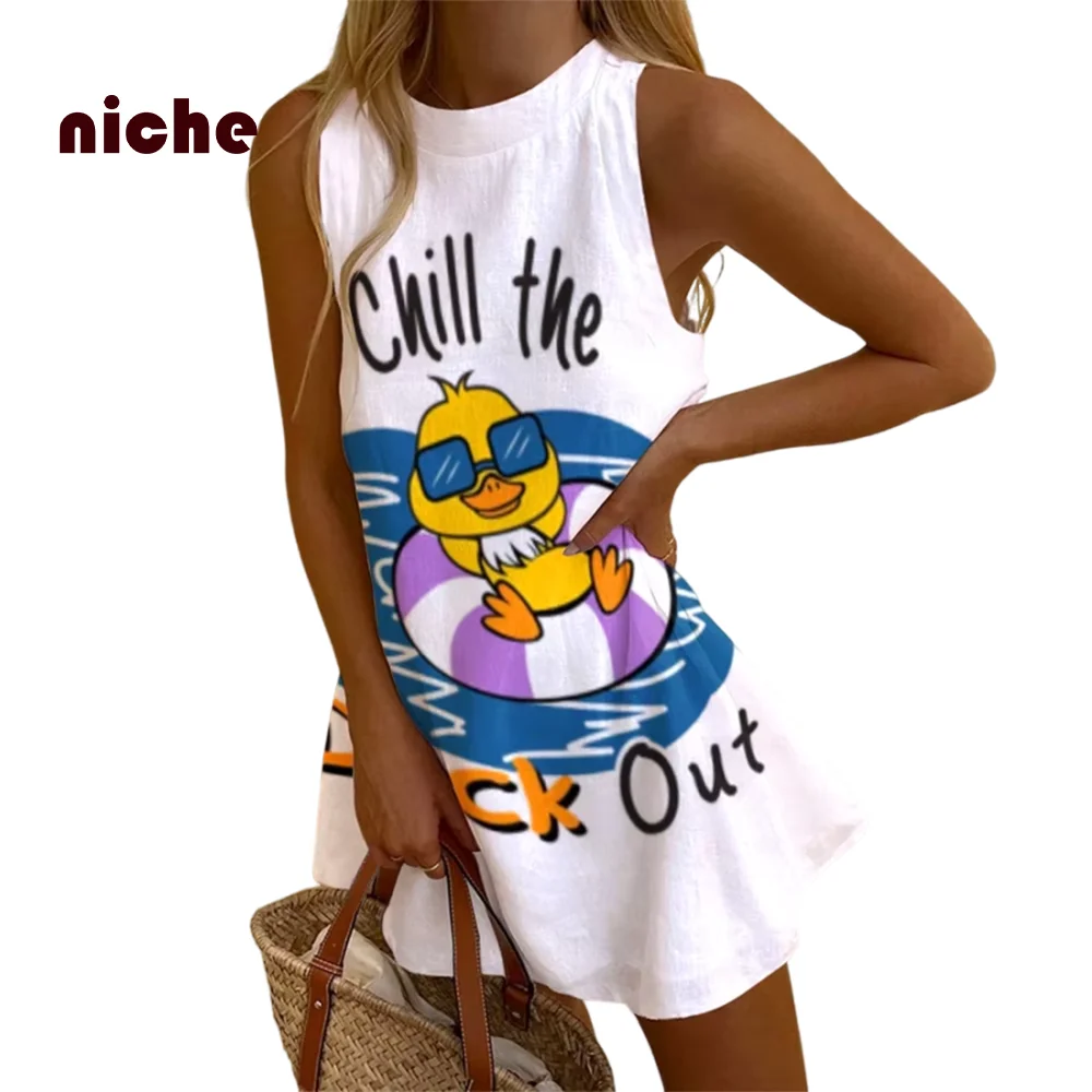 Sleeveless Dress for Women, Cute Cartoon Duck Graphic Print, High Quality, Beach Dress Trend, New Trend, 2024