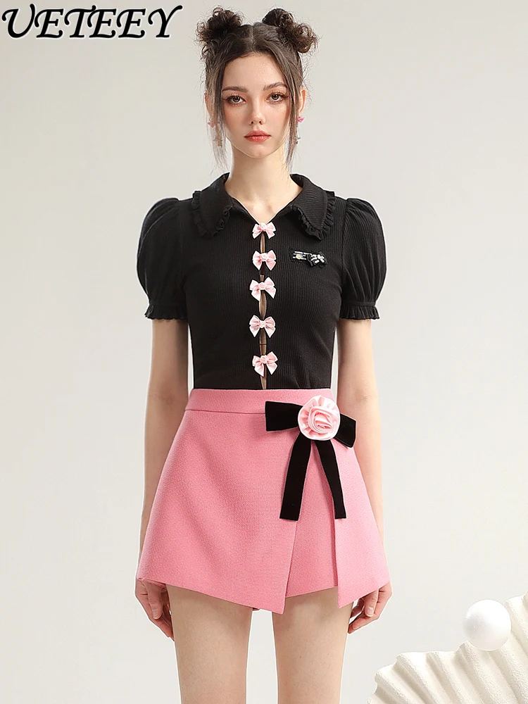 

High Sense Sweet Contrast Color A-Line Mini Skirt 2024 Summer New Kawaii Cute Girl Three-Dimensional Bow Irregular Short Skirts