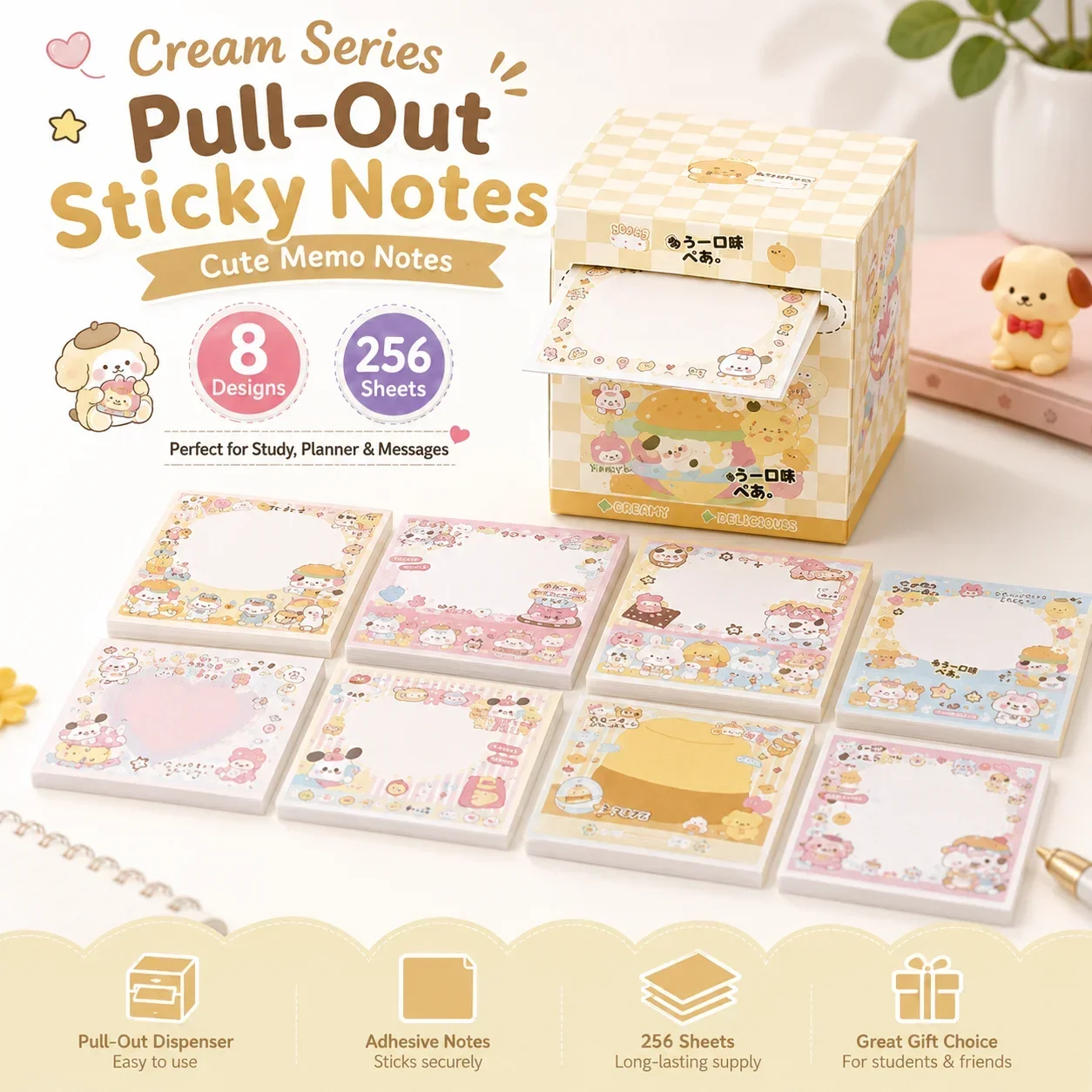 Cute Dog Kawaii Sticky Notes, Pull-Out Adhesive Memo Pad, Rolled Sticky Note Paper for School Students