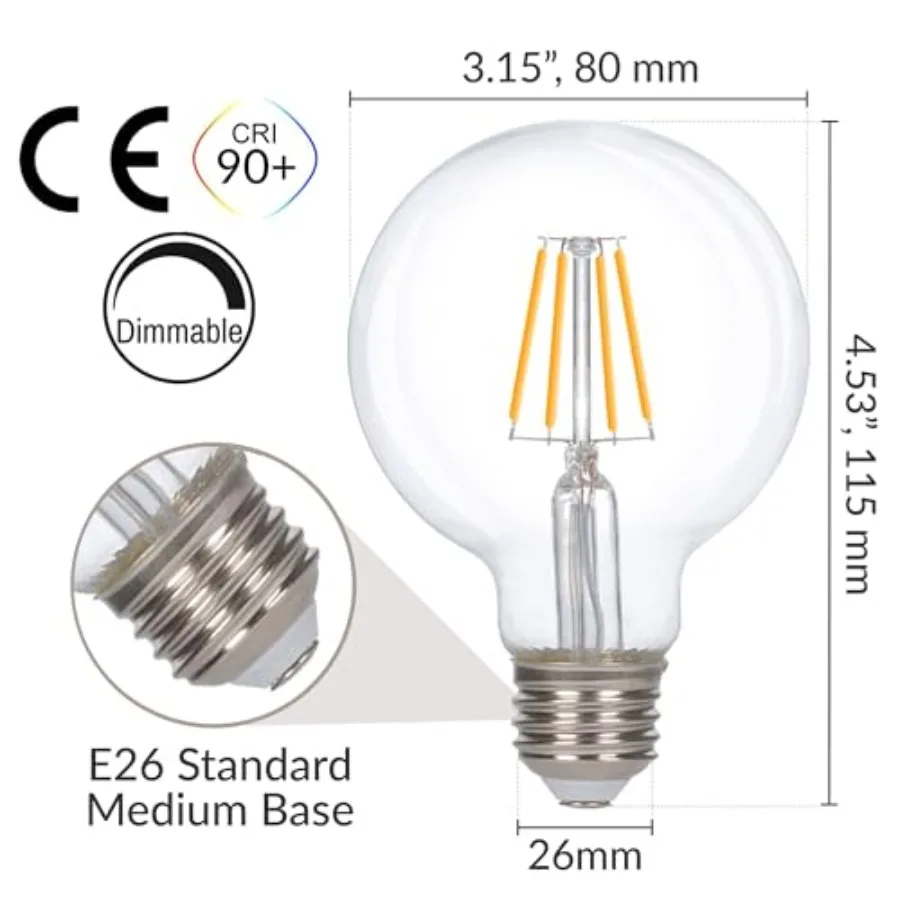 LED Edison Vintage Vanity Globe Filament G25 G80 6W Dimmable 60W Equivalent (3 Pack) 120V Light Bulb for Bathroom Makeup Mirror