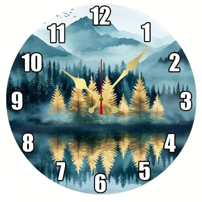 Natural Scenery Wooden Round Silent Wall Clock Elegant Ideal for Living Room Bedroom Office Study Home Decoration Wood Clock