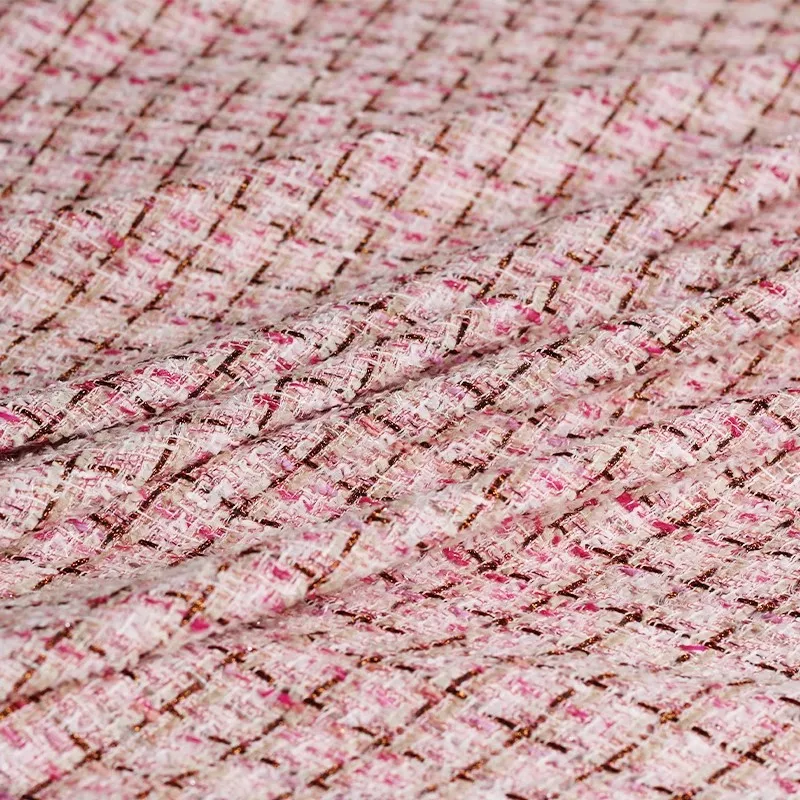 Light Pink Lattice and Bright Wire Yarn-Dyed Braided Tweed Fabric For Women's Autumn Jacket Dress Suit Coat Handbag DIY Sewing