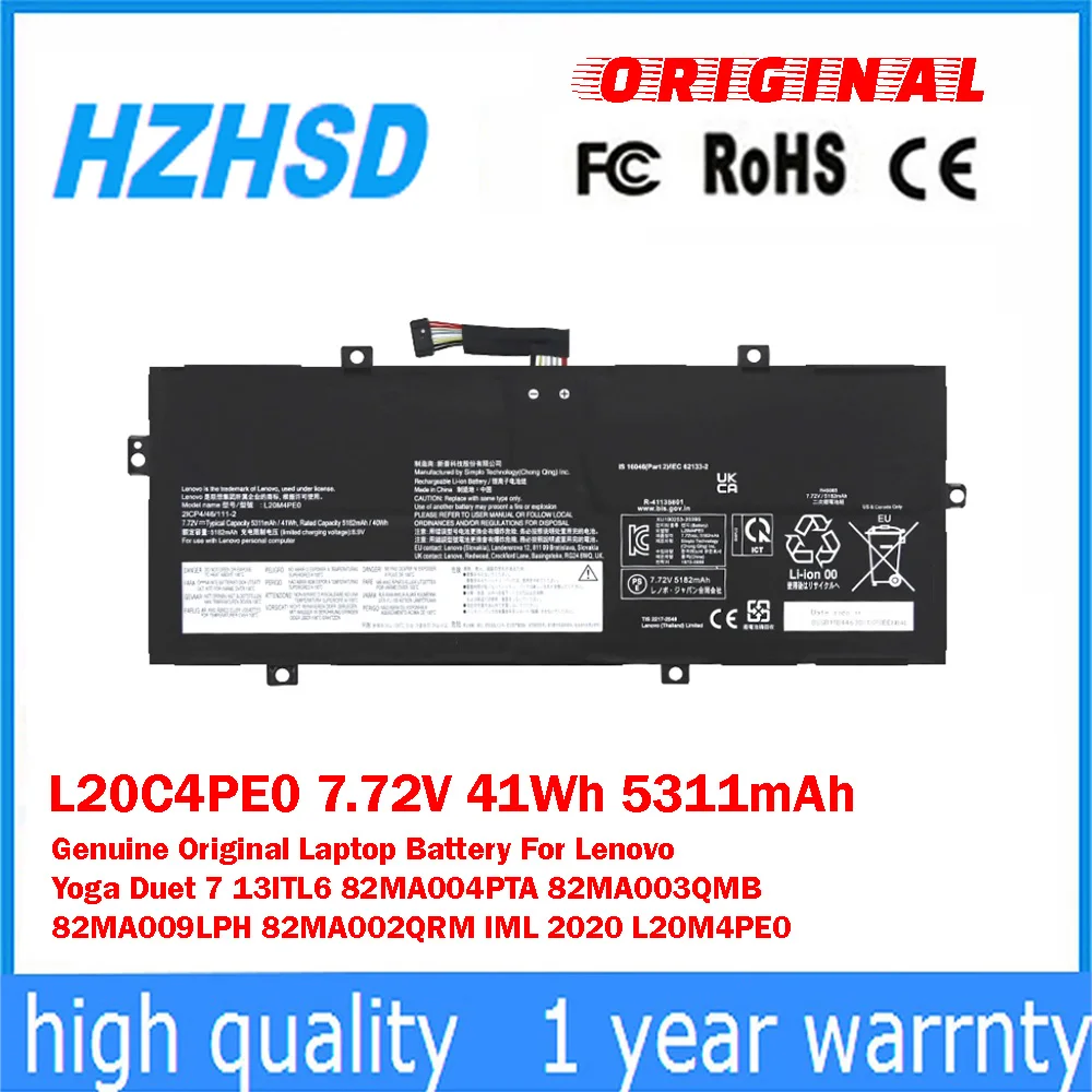 

L20C4PE0 7.72V 41Wh 5311mAh Genuine Original Laptop Battery For Lenovo Yoga Duet 7 82MA004PTA 82MA003QMB 82MA009LPH 82MA002QRM