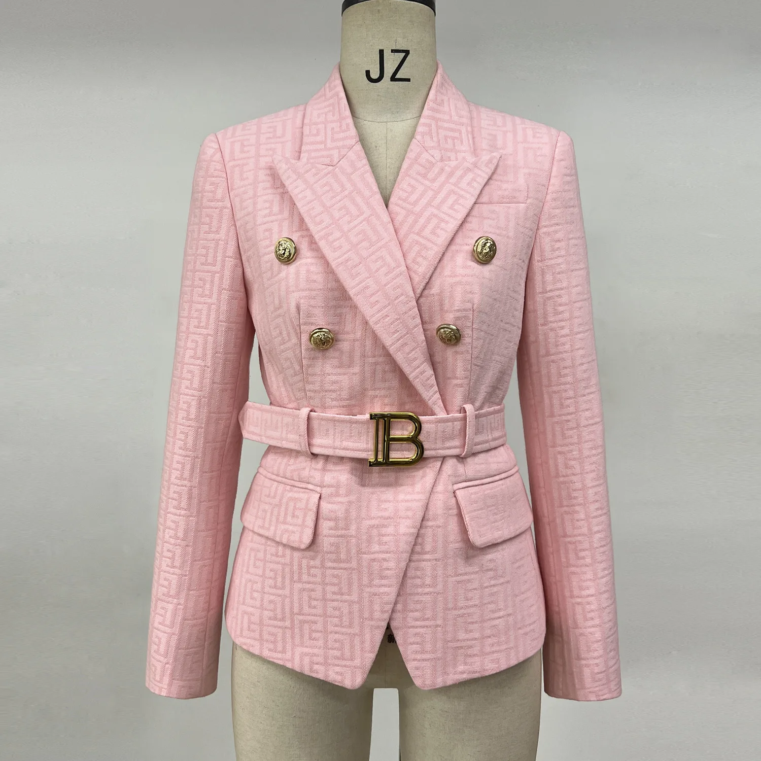 Pink Women's Luxury Suit Spring and Autumn New Wanzi Pattern Long Sleeve Belt Slim Fit Commuter Professional Fashion Suit Coat