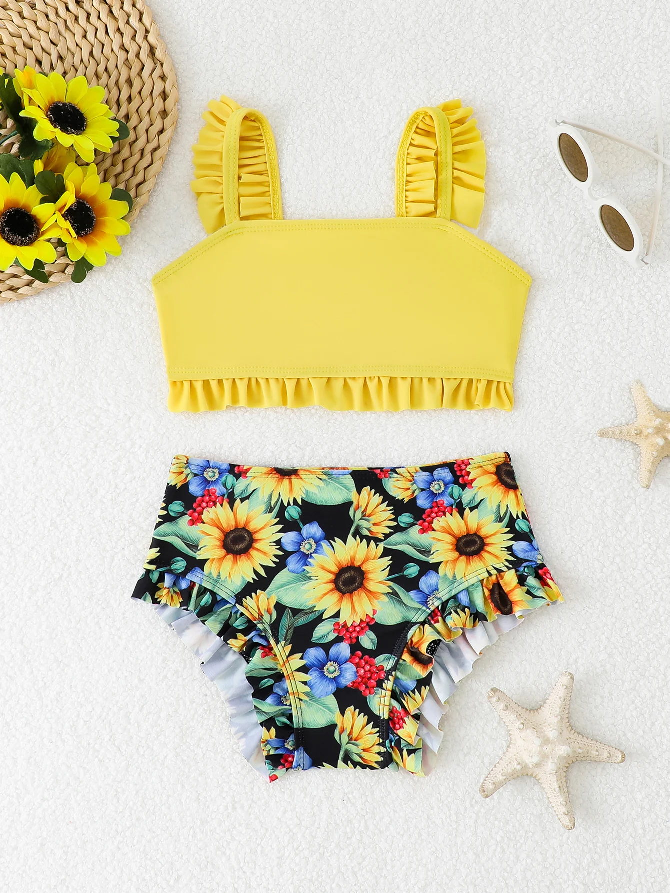 Maillot de bain imprimé à volants et bretelles pour petites filles, taille haute, collection 2026, pour enfants de 4 à 7 ans