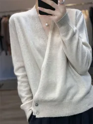 Pull en laine à col en V pour femme, 100% laine, doux, conception cardigan avec fouet, niche et col, automne et hiver, nouveau, 2023