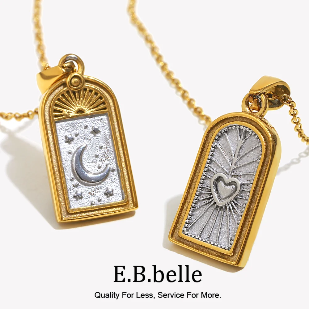 E.B.belle Fashion Design Heart Moon Tarot Pendant Necklace Stainless Steel Women Double Color Statement Jewelry