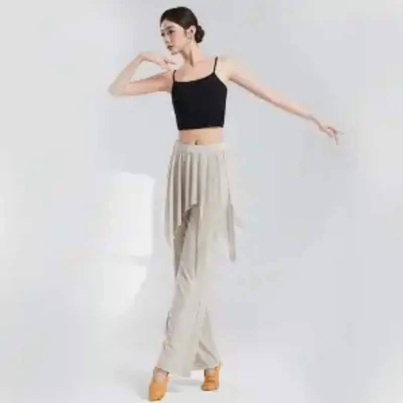 Women's High Waist Dance Pants with Sheer Mesh Skirt Overlay Modal Flared Trousers for Modern