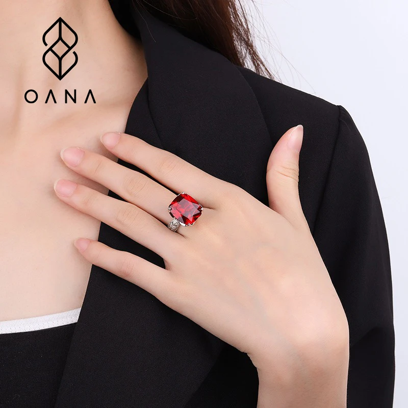 OANA S925 Silver Ladies Ring Simulation Red Corundum Retro Luxury Inlaid Closed Mouth Jewelry Free Shipping