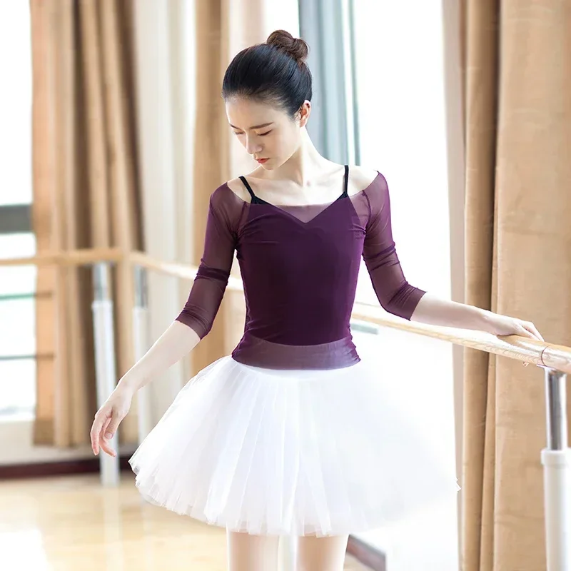 Classical Dance Clothes Gauze Adult Practice Clothes 3/4 Long Sleeve Ballet Mesh Top Ballet Clothes Dance Costumes