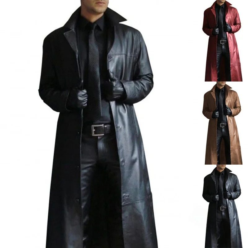 

Long Length Leather Jaet Men's Turn-down Collar Coat Sle AOWOFS Brand Casual Winter Outerwear Single Button Closure
