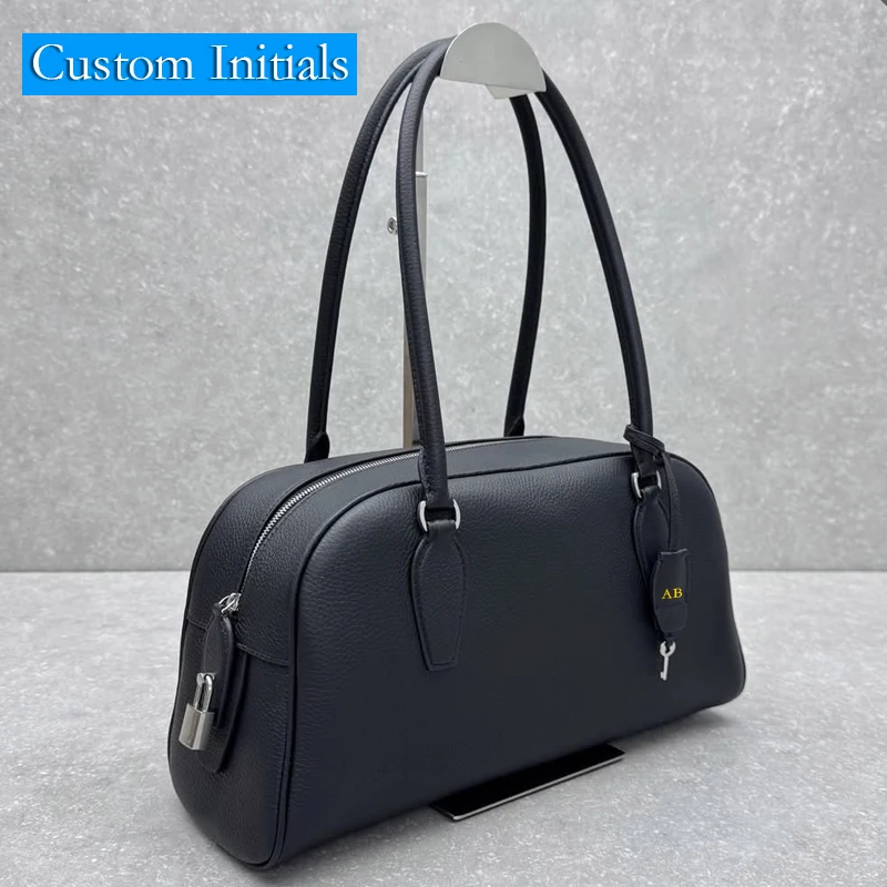 Custom Initials Leather Bowling Bags For Women Luxury Designer Handbags Purses 2026 New In Cowhide Lock Handle Underarm Shoulder