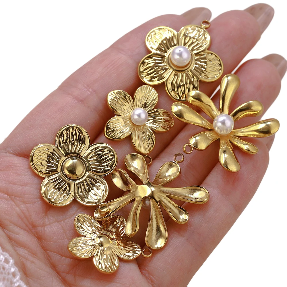 

5PCS Flower Charms Pearl Inlaid Floral Pendants 18K Gold Vacuum Plated Stainless Steel for DIY Necklace Earring Jewelry Making