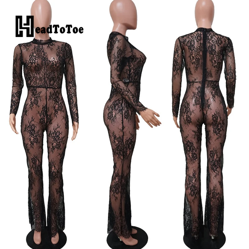 Sexy See Through Hallow Out Lace Jumpsuit Women Long Sleeve Skinny Party Club One Piece Jumpsuits