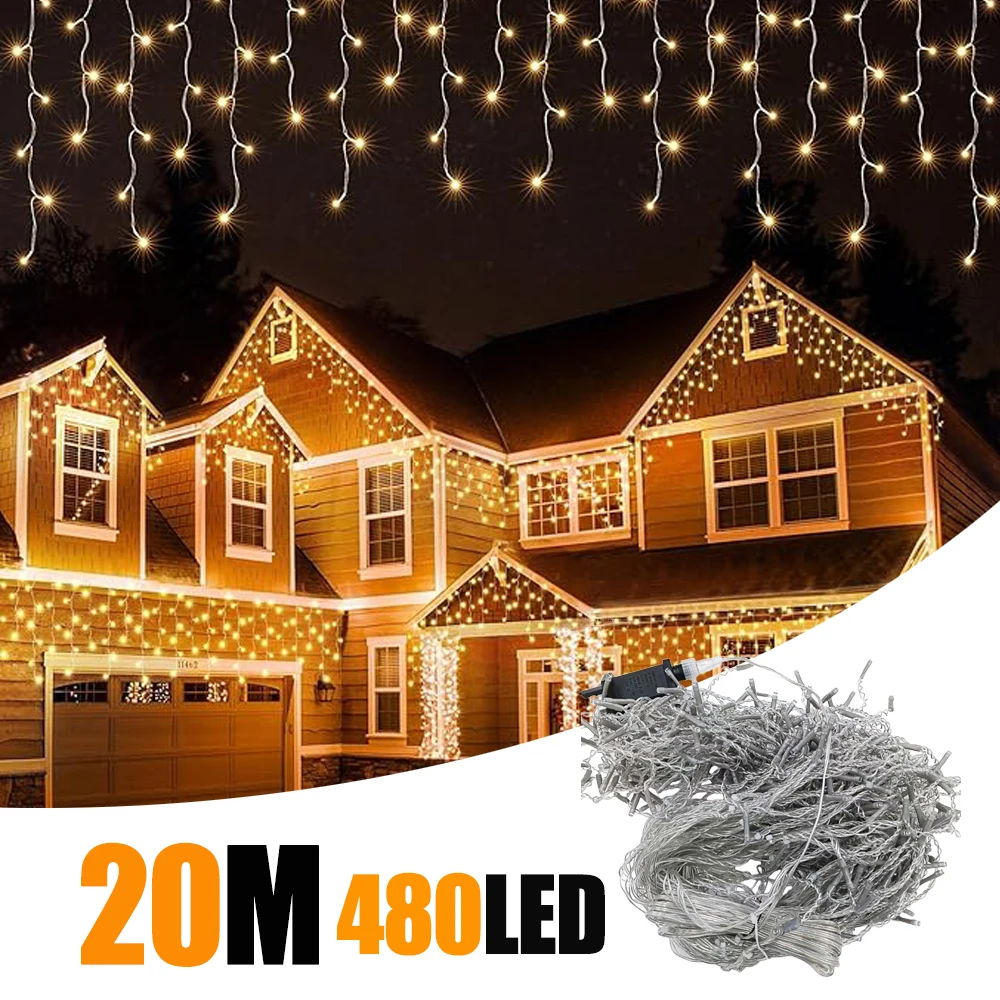 

Holiday Christmas Icicle String Lights 20M+10M Extens 480LED 8Modes, Plug in Waterproof for Wedding Party Home Garden