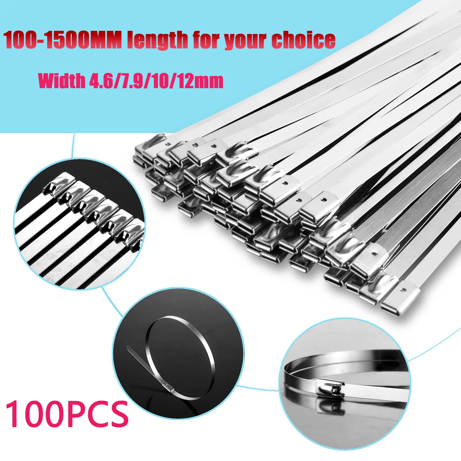 

100Pcs 304 Stainless Steel Cable Ties 4.6/7.9/10/12mm Duty Self-Locking Cable Zip Tie Multi-Purpose Metal Exhaust Wrap Snap Lock