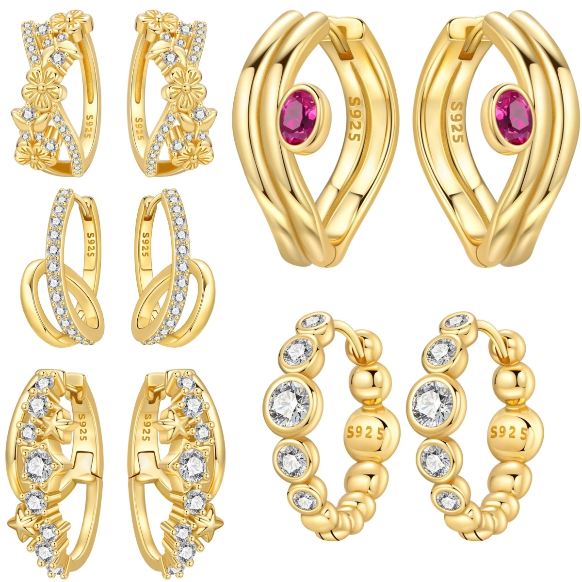 Orstarry S925 Sterling Silver French Double Circle Red Zircon Hoop Earrings For Women Jewelry Original Party Anniversary Gifts