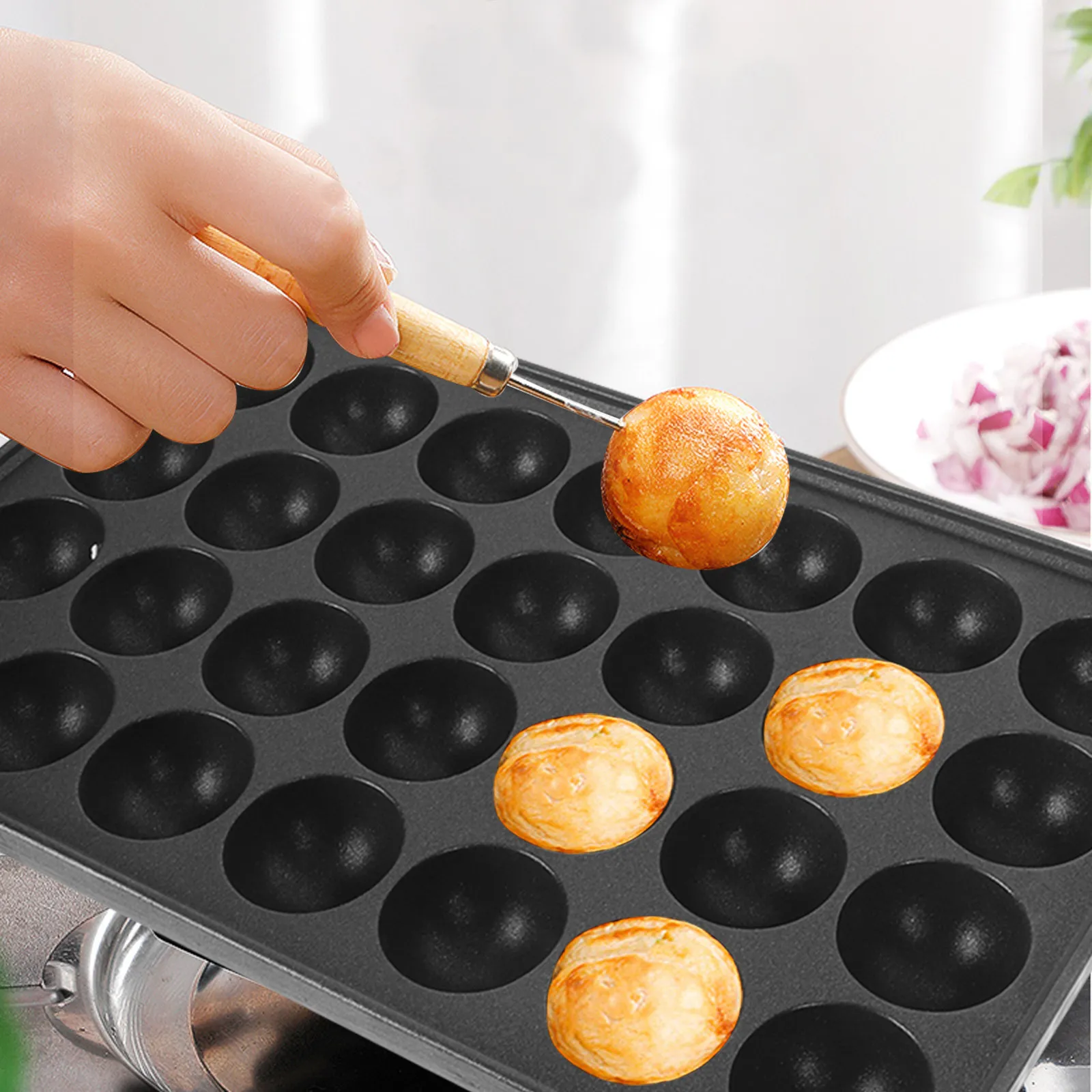 1-セットたこ焼き型鉄製ベーキングトレイノンスティック-28-キャビティグリルパンたこ焼きポッフェルチェパンケーキ卵魚メーカー用
