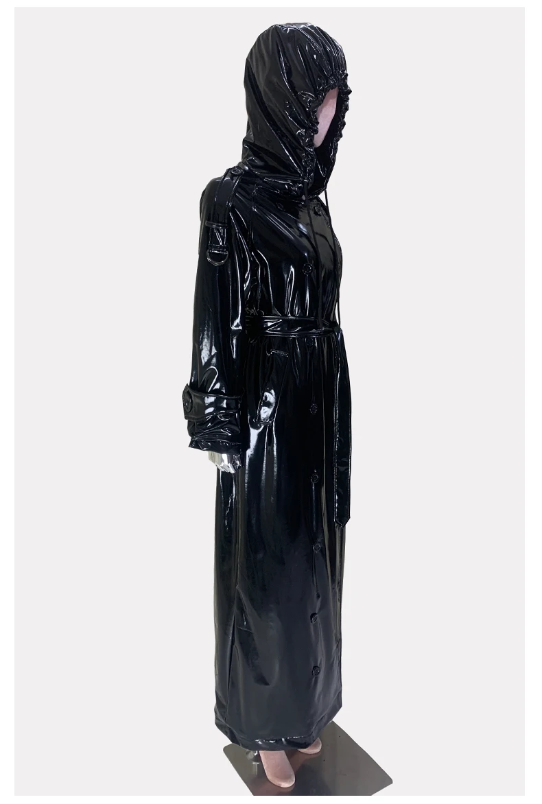 Nerazzurri Autumn Extra Long Shiny Black Soft Patent Pu Leather Trench Coat for Women with Hood Double Breasted European Fashion