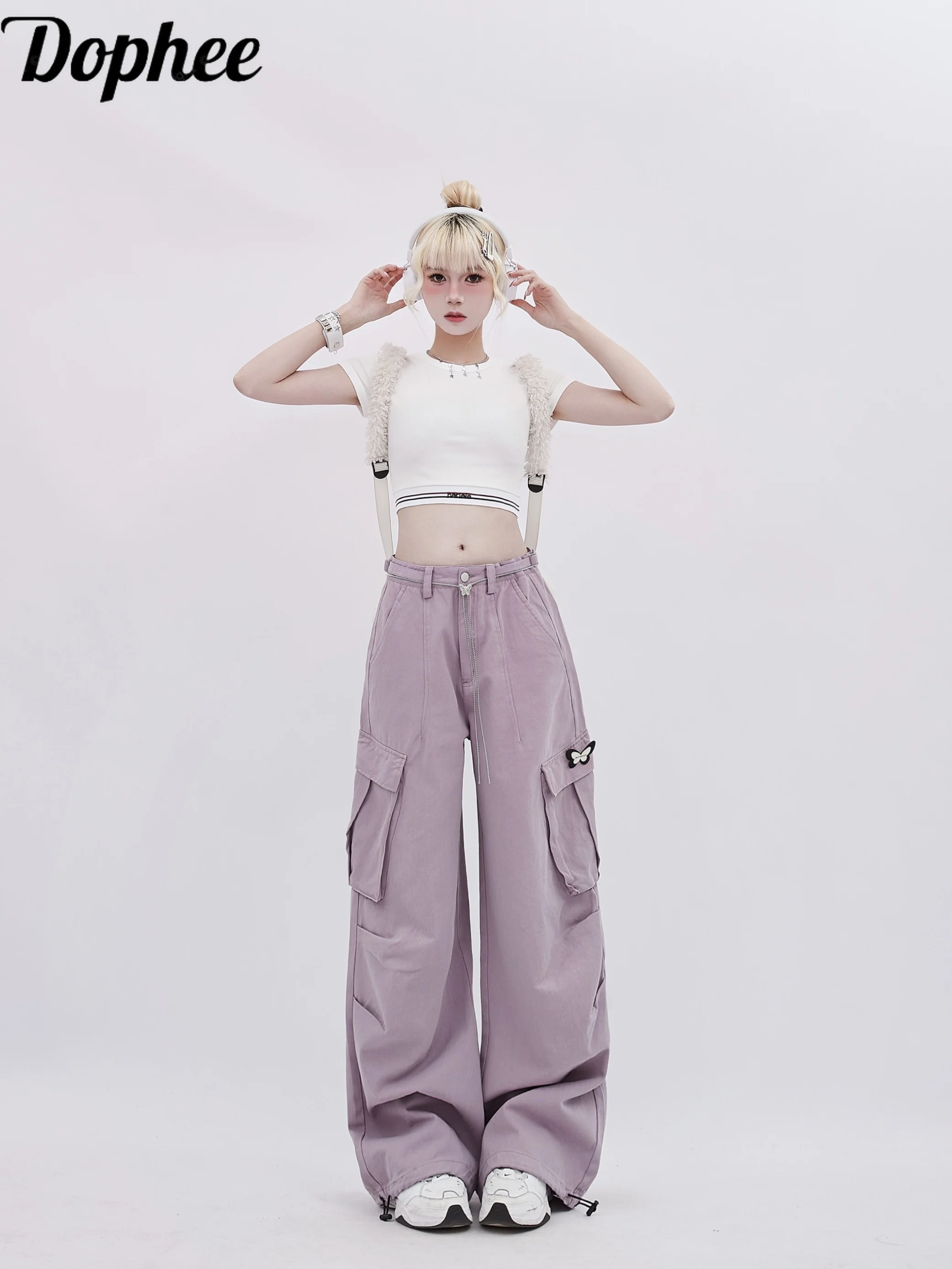 

Dophee New Summer Spice Girls High Wiast Embroidery Crop T-shirt Top Butterfly Purple Multi Pockets Cargo Pants Casual Trousers