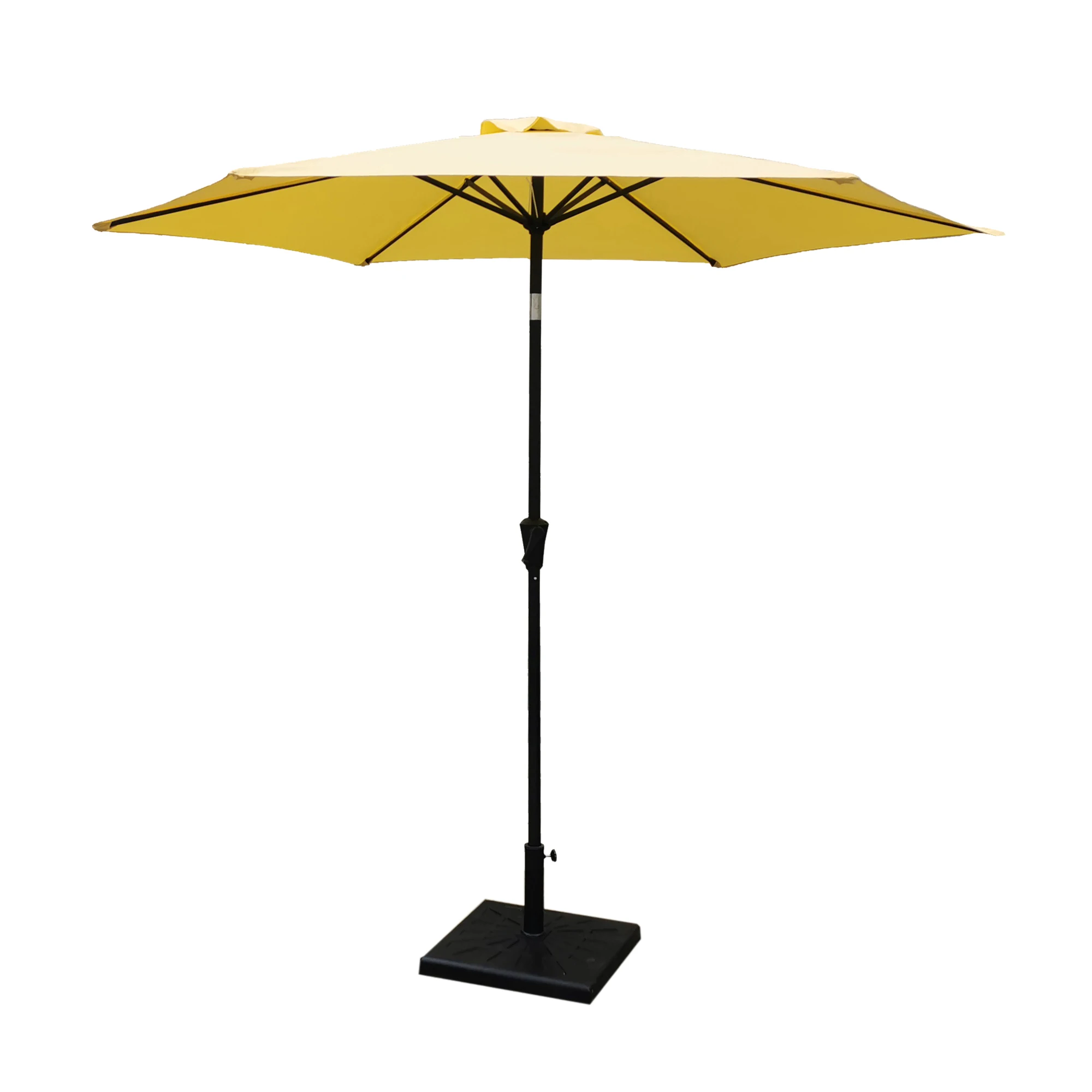 

Outdoor Aluminum Patio Umbrella With 42 Pound Square Resin Base Push Button Tilt Crank Lift Yellow Market Umbrella