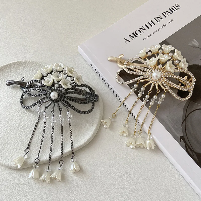 Daily Fashion White Flower Hairpins Ponytail Holder for Women Floral Pendant Headpieces Elegant Pearls Hair Jewelry Accessories