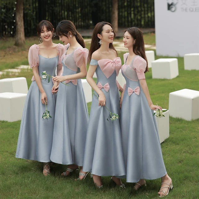 Blue Bridesmaid Dress Luxury Satin Square Neck Puff Sleeves Off The  Shoulder Long A-LINE Wedding Female Guest Dresses - AliExpress