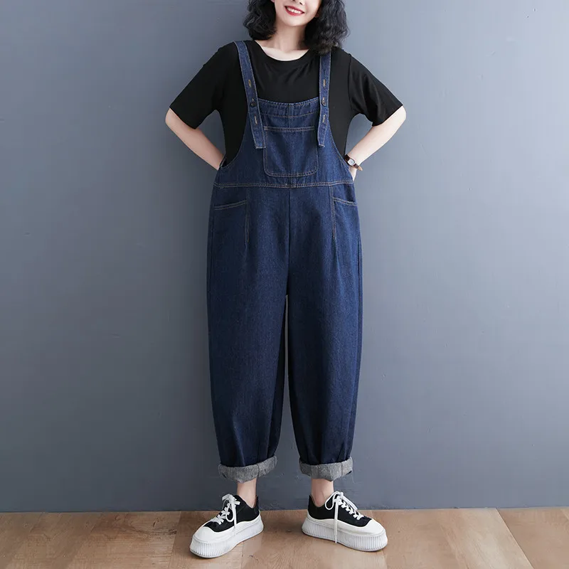 

Spring Summer Fashion Thin Suspender Jumpsuit Women Casual Harun Denim Pants Female Pocket Loose Straps Nine Points Jeans G2508