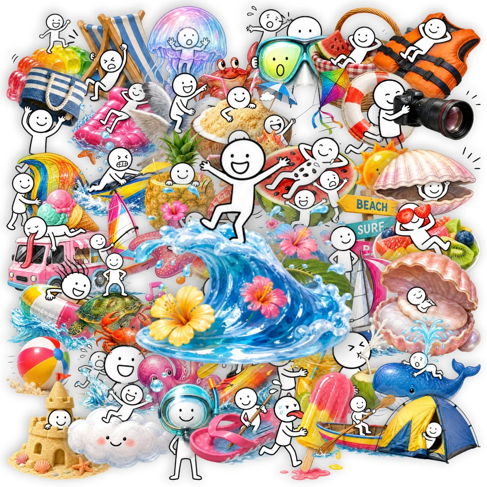 50 PCS Simple Line Summer Beach Stickers Seaside Vacation Fun Cartoon Transparent Waterproof Decals Hand Account Material
