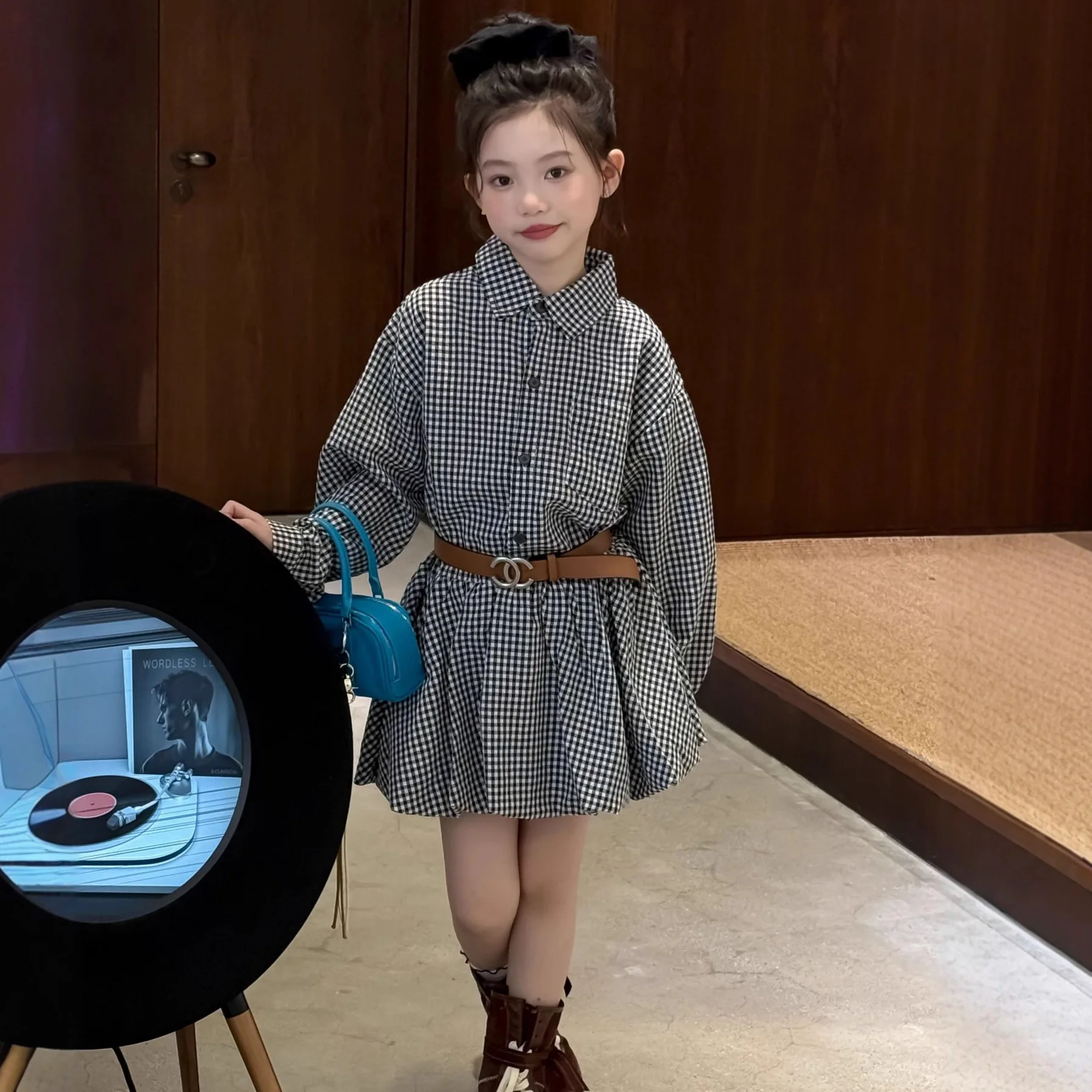 

Girls Dress 2025 Autumn New Korean Version Checkered Shirt Long Sleeved Floral Bud Skirt Fashionable Temperament