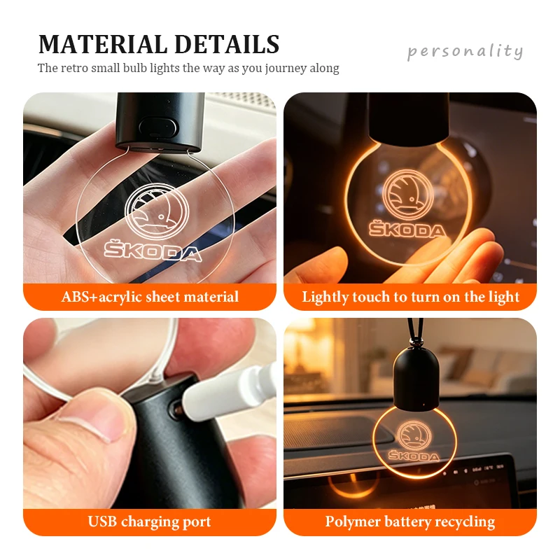 Car Rearview Mirror Pendant Decor Flat Acrylic Retro Light Bulb Atmosphere Ambient Light For Skoda Octavia A5 A7 RS Fabia Superb