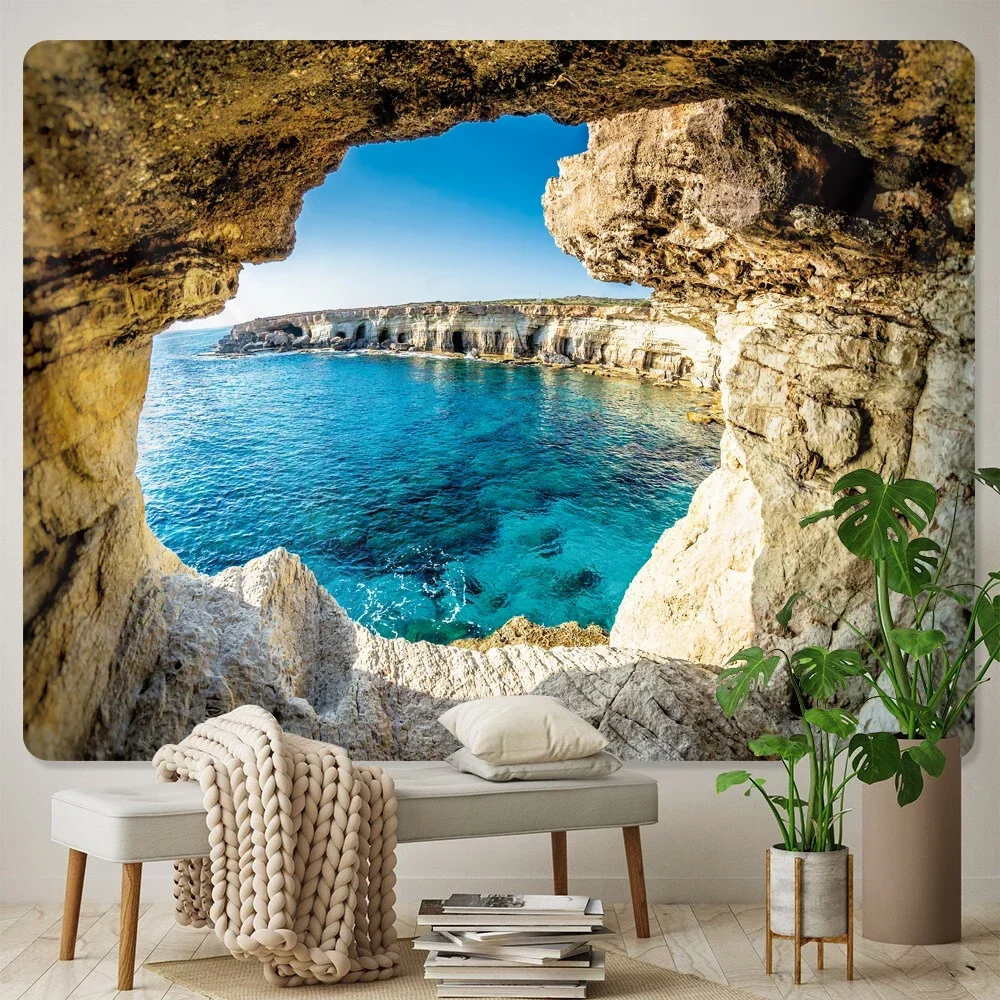 Seaside cave psychedelic scene home decor art tapestry hippie boho tarot pretty room wall decor wall hanging image 3