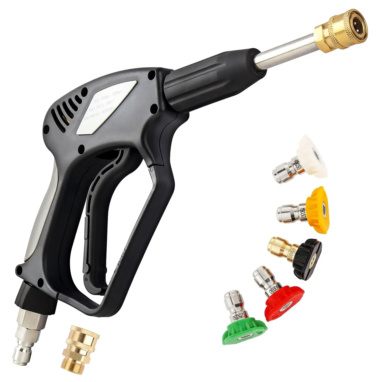

High-Pressure Washer Gun With Swivel Head, 5000 PSI, 3/8 Inlet & 1/4 Quick Connect, M22 14mm Thread, Includes 5 Color-Coded