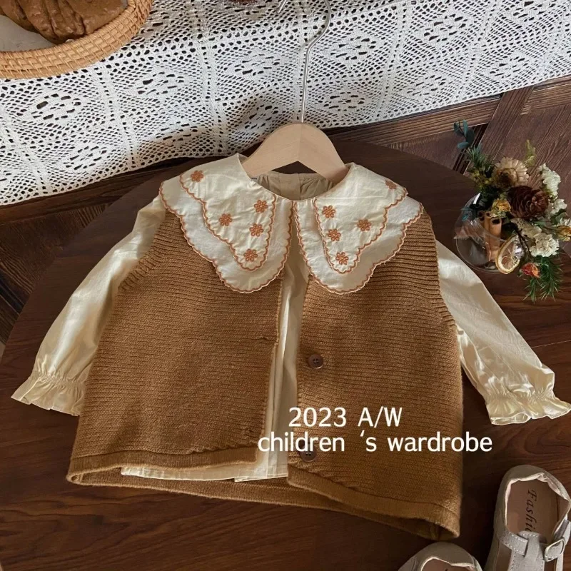 Spring and Autumn Kids Clothes Baby Girls Knit Vest Shirt Shorts Toddler Cute French Embroidered Shirt 2-8y