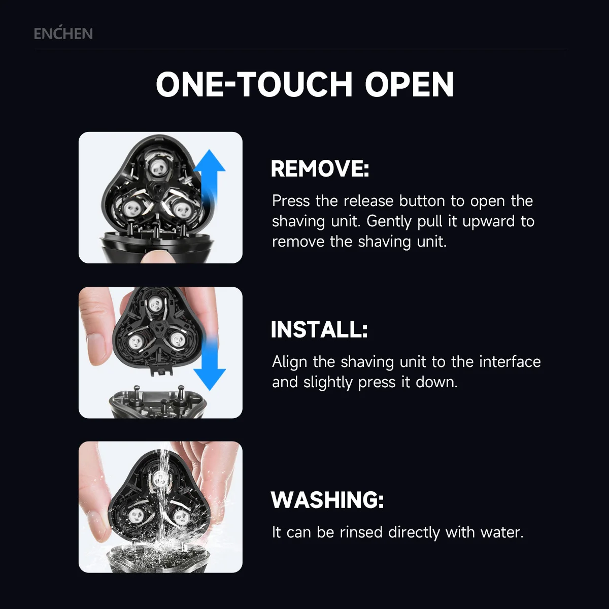 ENCHEN Blackstone-C Replacement  Shaver Head BR-2 Black 1PC 3D Float Tripe Blade Electric Razor Cutter Head 100% Original