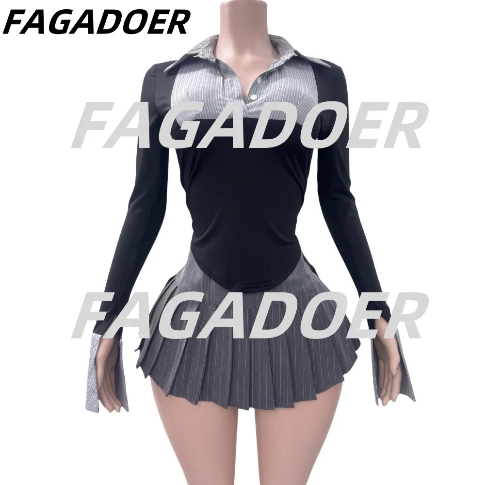 Fagadoer-女性用のポロカラーのボタンとストライプのプリントパッチワークシャツとプリーツスカートスーツ、プレッピースタイルのファッション、2個セット