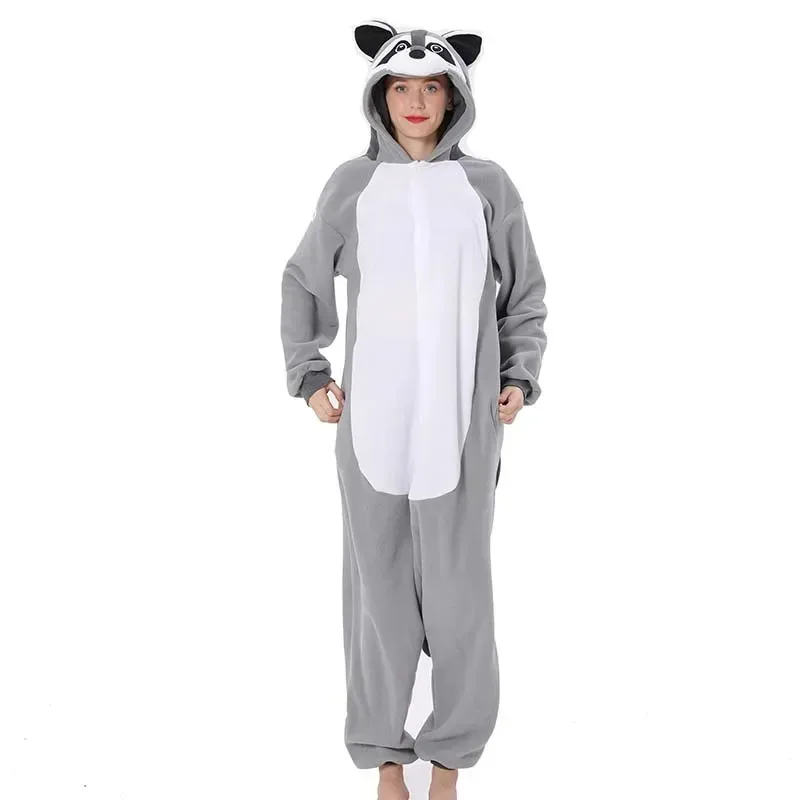 Grigio Procione Kigurumi Onesies Anime Cartoon Donna Uomo Pigiama Halloween Natale Cosplay Anime Pijama completo per il corpo