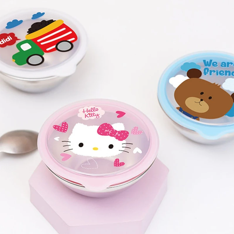 Kawaii Sanrio Children Plate Built-In Bowl Hello Kittys Student Cartoon Anime Cute Student Tableware Stainless Steel Toys Girls