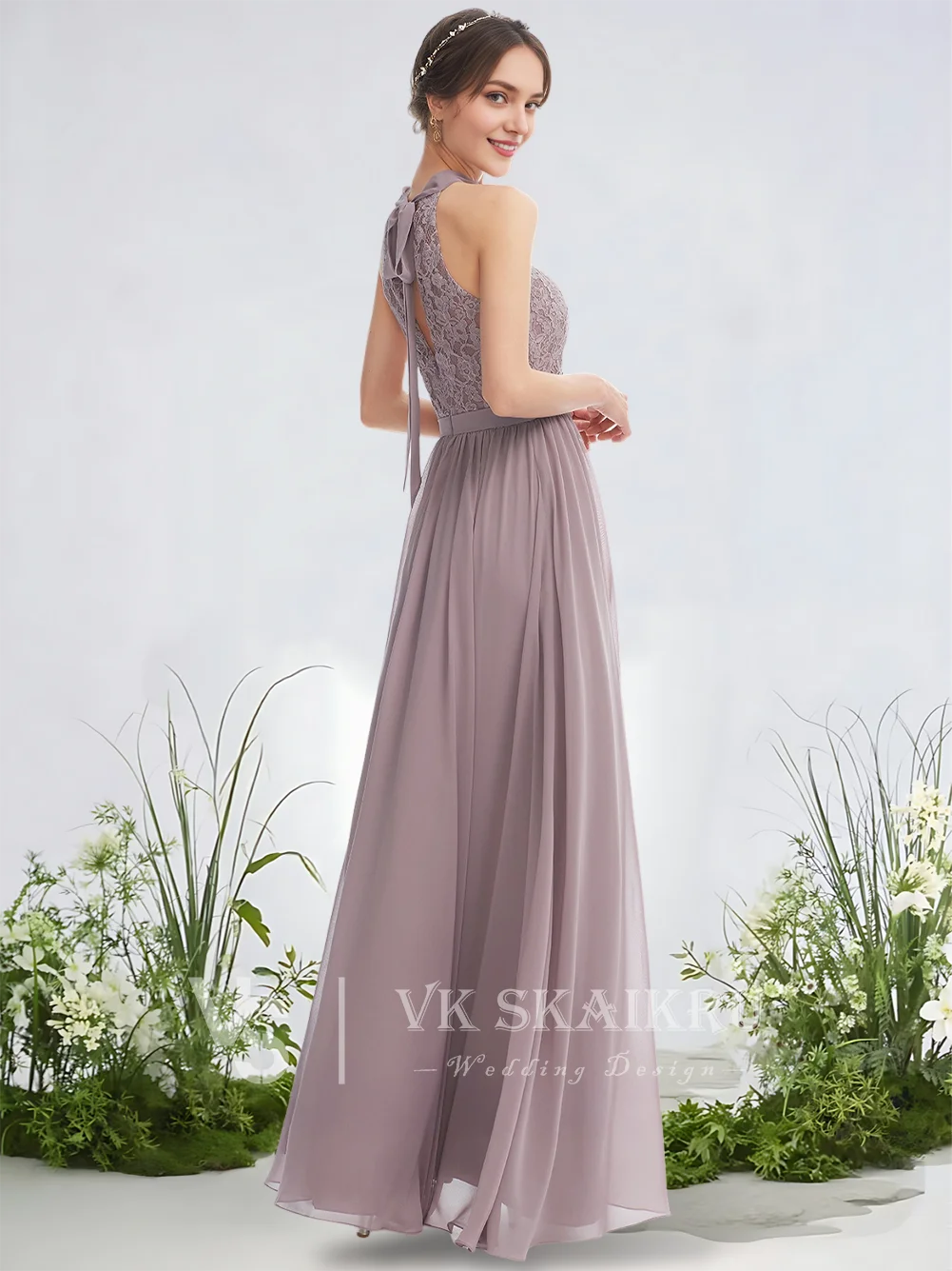 ADD Women A-Line Bridesmaid Dresses Frosted Lilac Halter Floor-Length Chiffon Lace Garden Gala Wedding Party Cascading Ruffles