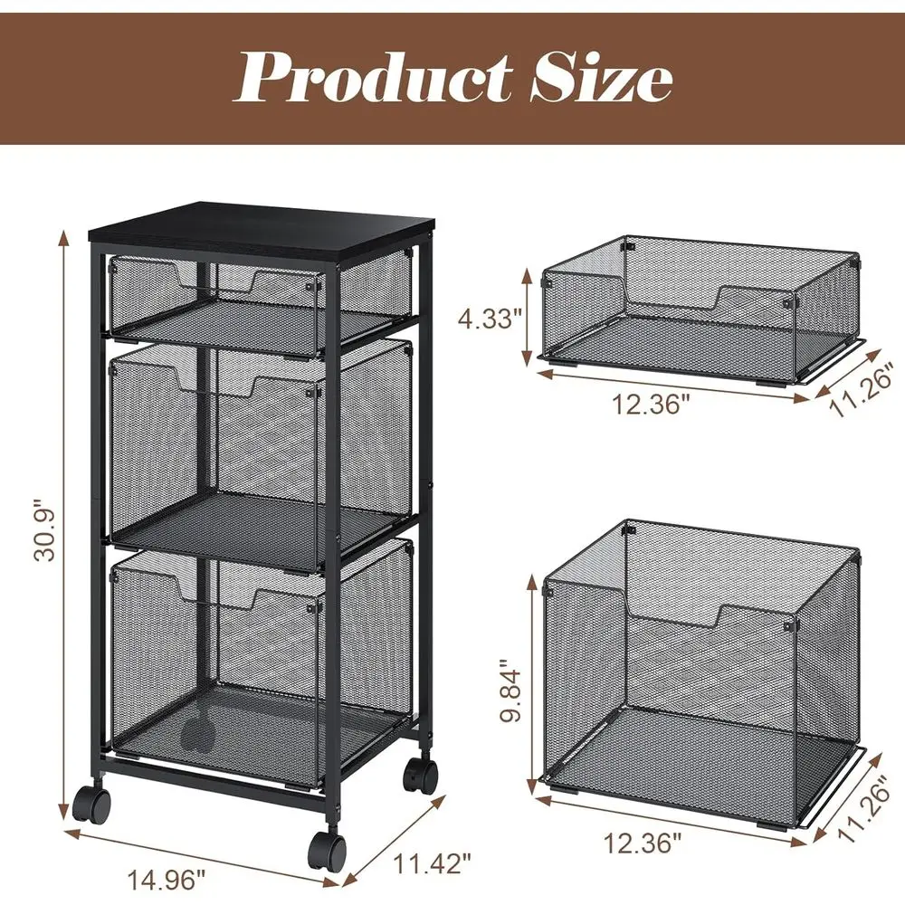Black Rolling 3-Drawer File Cabinet for Home Office, Lockable, with Hanging Folders and Printer Stand