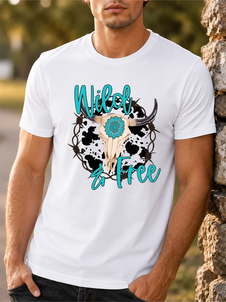 Bison Skull Wild & Free Slogan T-Shirt Printed Tee Men's Gift Everyday Wear Trendy Western Cowboy Theme 100% Cotton