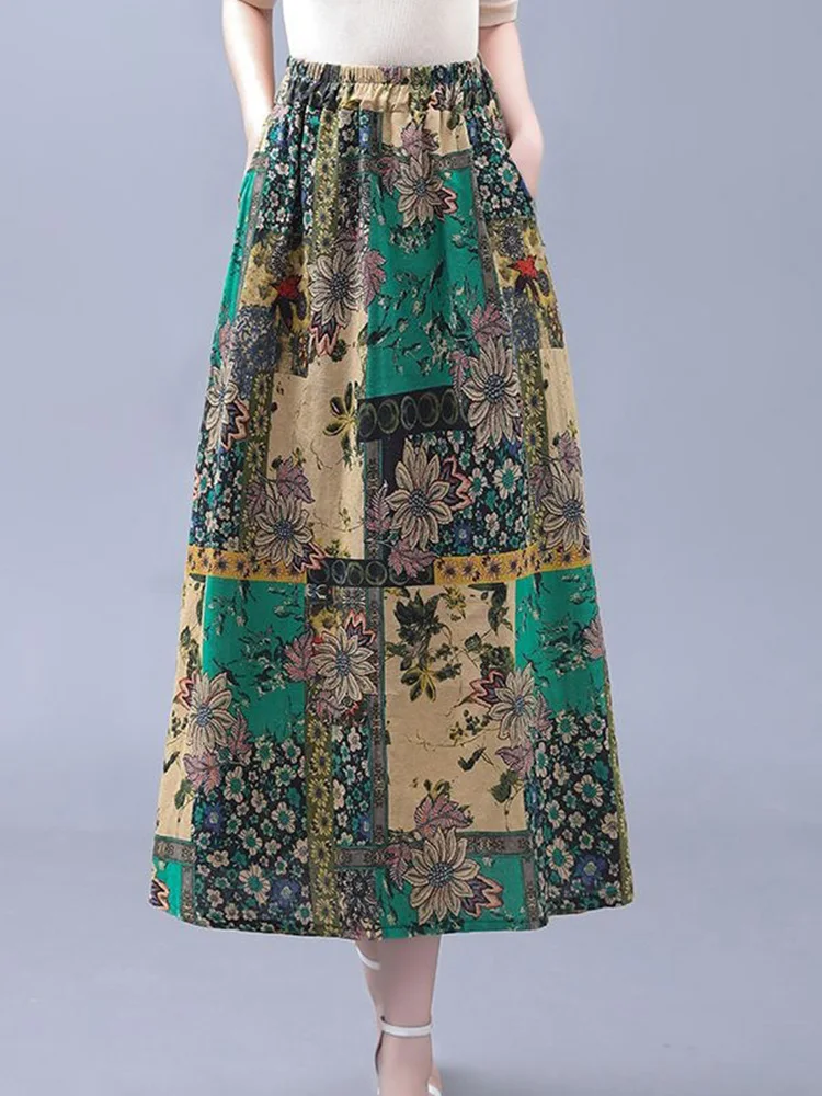Pockets Style Elegant  High Waist Elastic A Line Boho Beach Holiday Long Skirts Cotton Floral Printed Skirts Loose