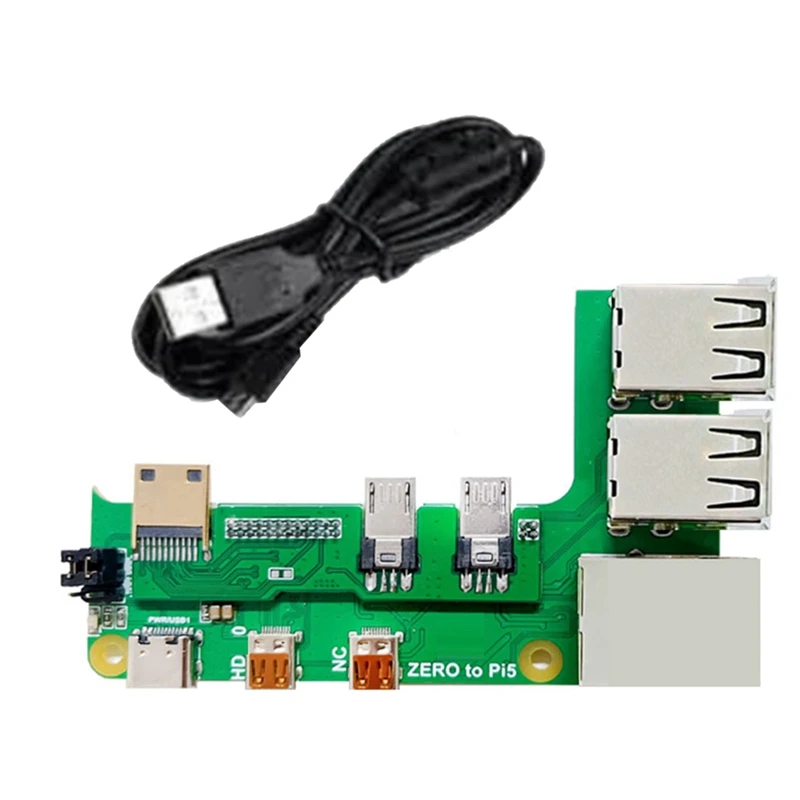 For Raspberry Pi Zero 2W To PI5 Expansion Board With Cable Zero To Pi5 Interface Adapter Zero USB HUB RJ45 HAT Green