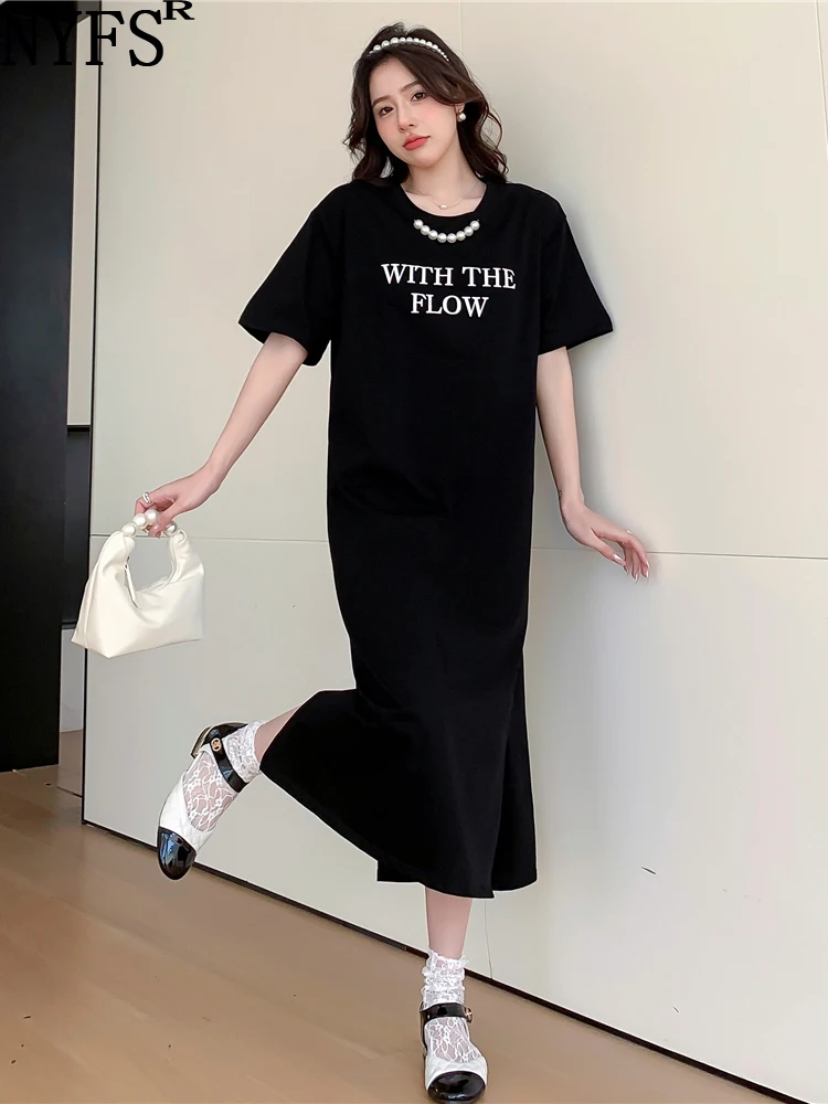 

NYFS 2023 Summer New Korea Alphabet Pearl Slit Woman Dress Vestidos Robe Elbise Loose Plus Size Short Sleeve Long Dress