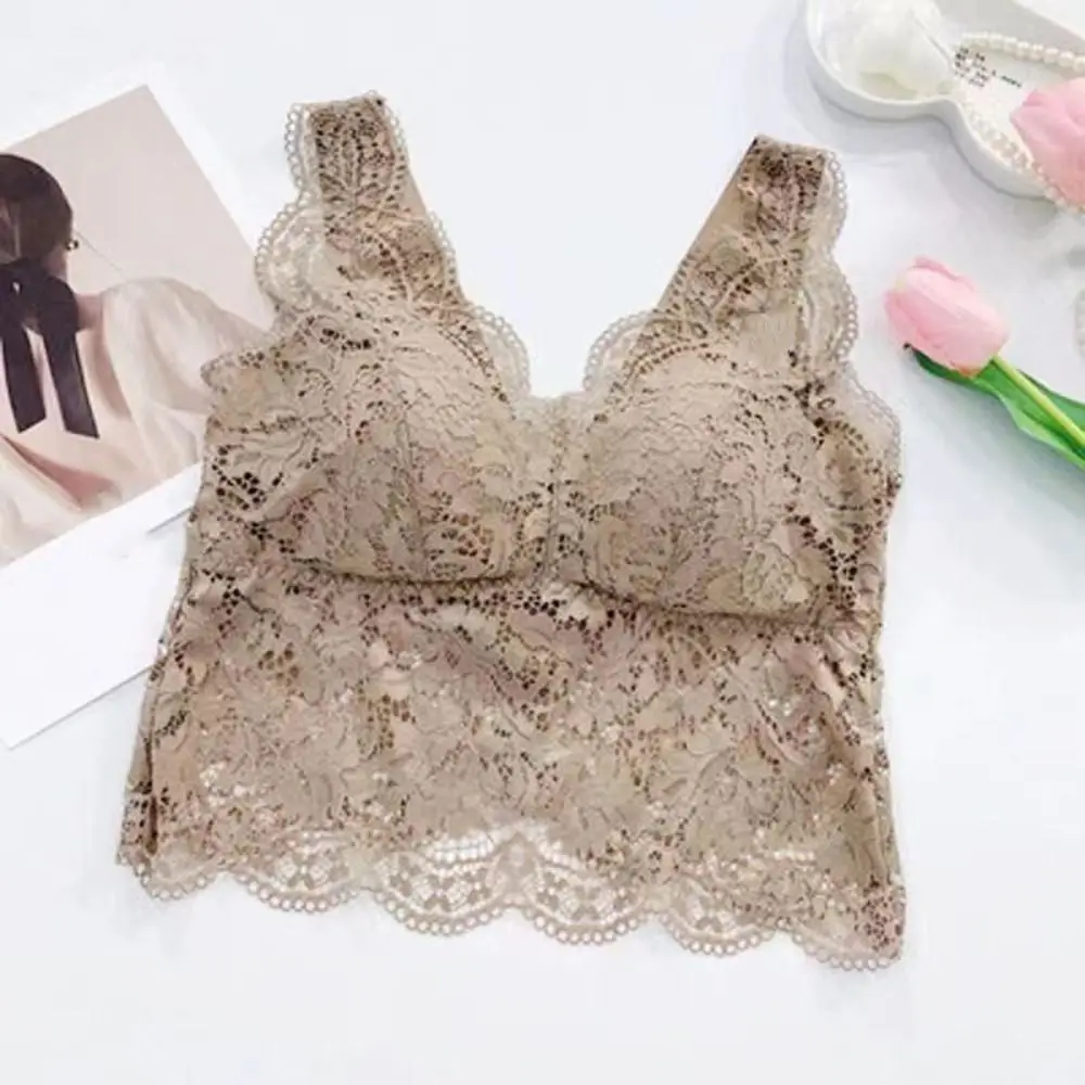 Canotta a V profonda in pizzo sottile a rete dolce Top corto in pizzo trasparente senza maniche Canotta intima slim fit con imbottiture da donna