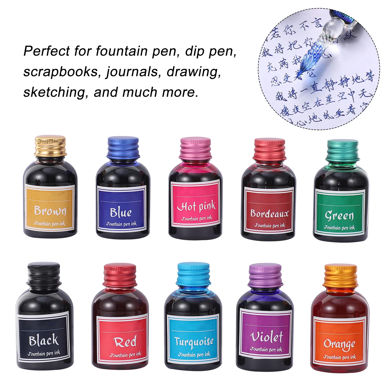 10 Bottles Professional Grade Ink Fountain Pen Calligraphy Set Non-Clogging Water Resistant Smooth Flow for Drawing Writing Art