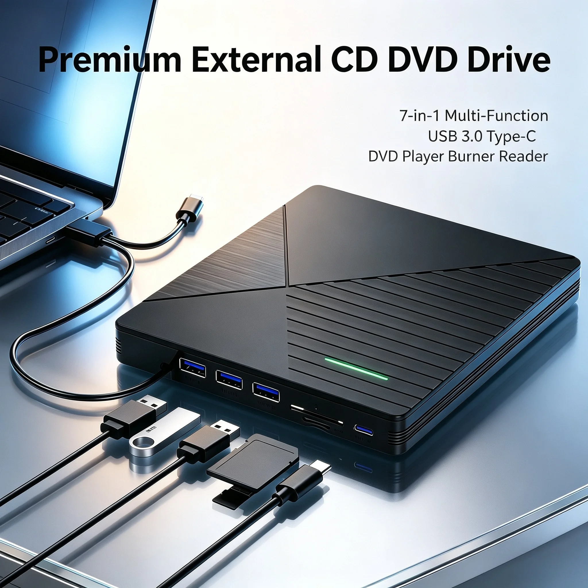 7 in 1 USB 3.0 Type-C Portable CD DVD RW Optical Drive, Multifunctional DVD Player Burner Reader for Windows Mac Laptop PC