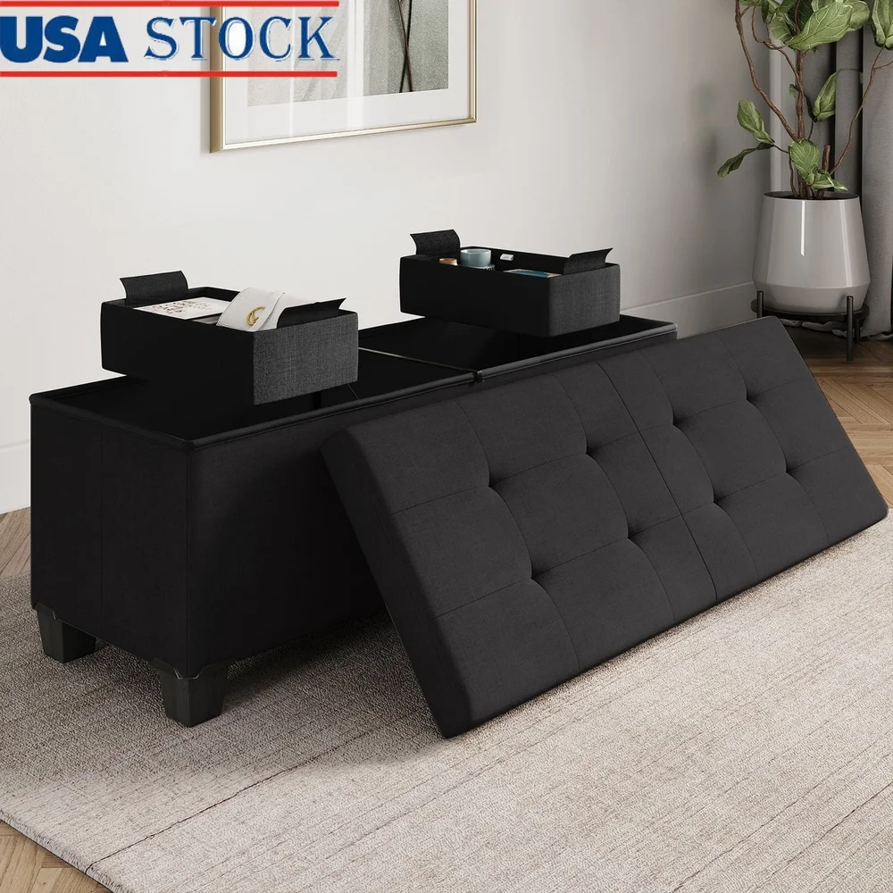 

43 Inch Linen Storage Ottoman Bench with Hinged Lid Removable Bins Footrest Organizer Living Room Bedroom Indoor Use