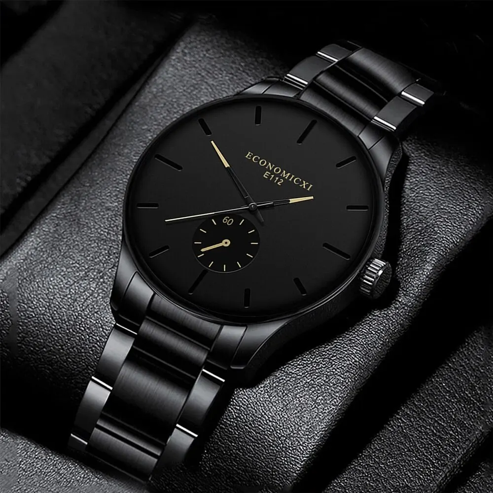 1Pcs Men's Casual Simple Business Three-eye Digital Pointer Steel Band Quartz Watch Trend Ultra-thin Blue Needle Watch